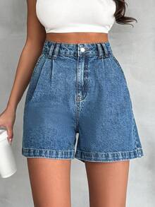 SHEIN Quần jeans cạp cao 100% cotton, chi tiết bút bi, kiểu dáng cổ điển, chất liệu denim mài. Kích cỡ nhỏ nhắn. - Rửa trung bình - Xem 7