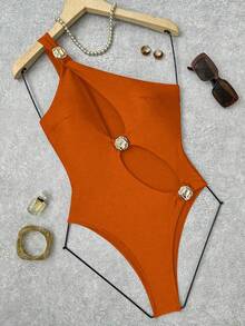 Bonvoyette Solid Color Hollow Out Asymmetric Metal Decor Swimsuit, One-Piece, Suitable For Beach Vacation - Orange - View 4