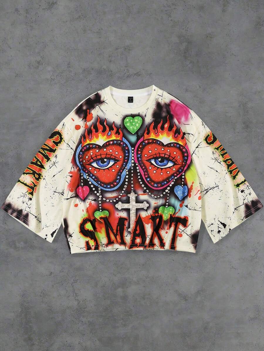 ROMWE MEN Áo thun nam tay lỡ in họa tiết, dáng rộng. - Màu be - Xem 1