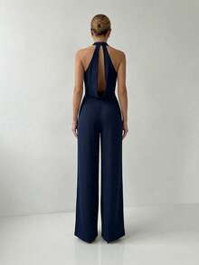 Firerie Women's Elegant Navy Blue Summer Night Out Deep V Plunging Neck Backless Cinched Waist Wide Leg Jumpsuit, Date Party Beach Vacation - Navy Blue - View 3