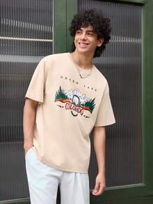 Open Phase 2025 Men's Fashion Mountain Print Drop Shoulder Casual Daily Wear Short Sleeve T-Shirt, Spring/Summer , Retro American, Unisex, Relaxed Fit Summer Outfits – Suitable For Everyday Wear And Summer Holiday Outfits. - Apricot - View 4