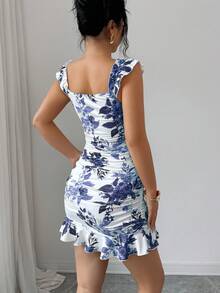 Selianne Đầm dự tiệc dài thanh lịch dành cho nữ, in họa tiết hoa, viền bèo nhún, eo thắt gọn. - Iron Gray - Xem 2