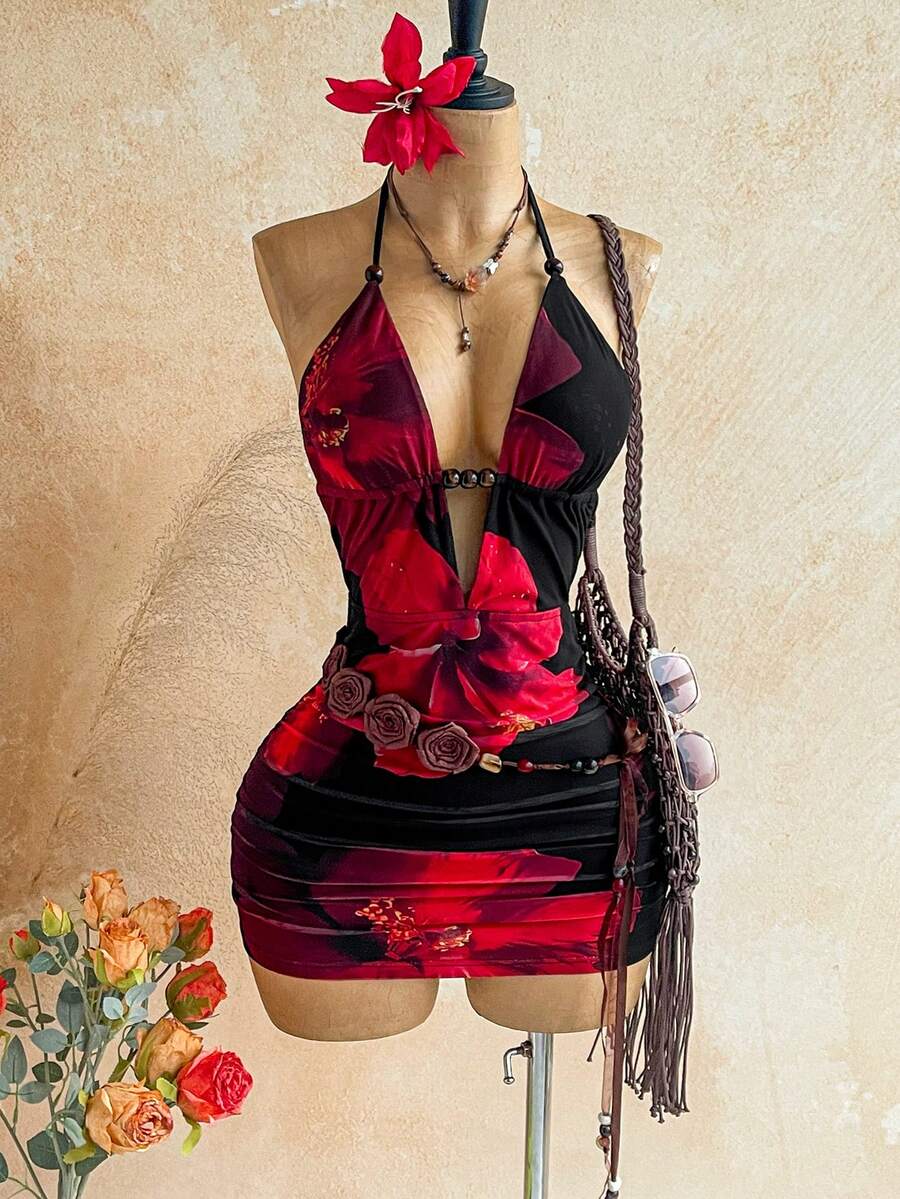 Soleia 女士复古扎染抽象豹纹和斑马纹深V露背系带褶皱紧身迷你连衣裙，性感时尚夏季派对、约会、下午茶、海滩度假必备单品 - 彩色 - 查看 1