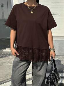 Muchica Plus Size Women Chocolate Brown Lace Hem Short Sleeve T-Shirt - Chocolate Brown - View 4