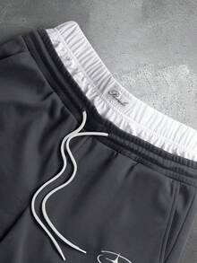 Manfinity Roghcode Pantalones de chándal de pierna ancha con cintura con cordón y bordado de contraste de color para hombres - Gris Oscuro - Ver 3