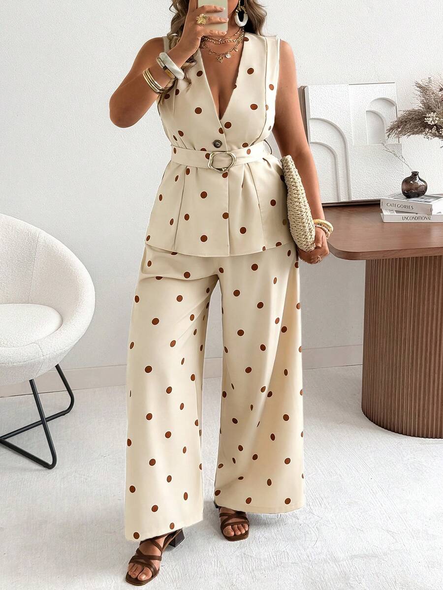 Ceyna Plus Size Women's Classic Retro Polka Dot Vest And Wide Leg Pants Set Summer Holiday Outfits - Apricot - View 1
