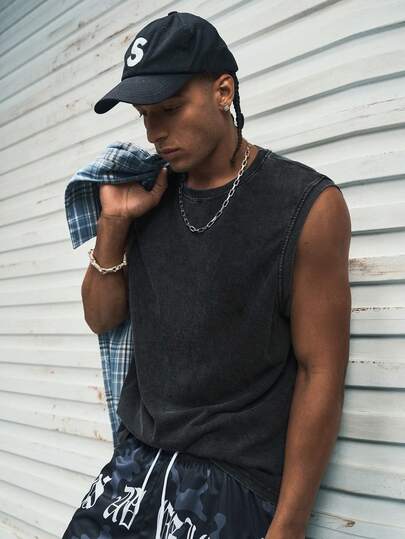 Modcrash Áo tank top không tay màu xám bạc dáng rộng, kiểu dáng vintage, vai rộng, thích hợp mặc mùa hè.