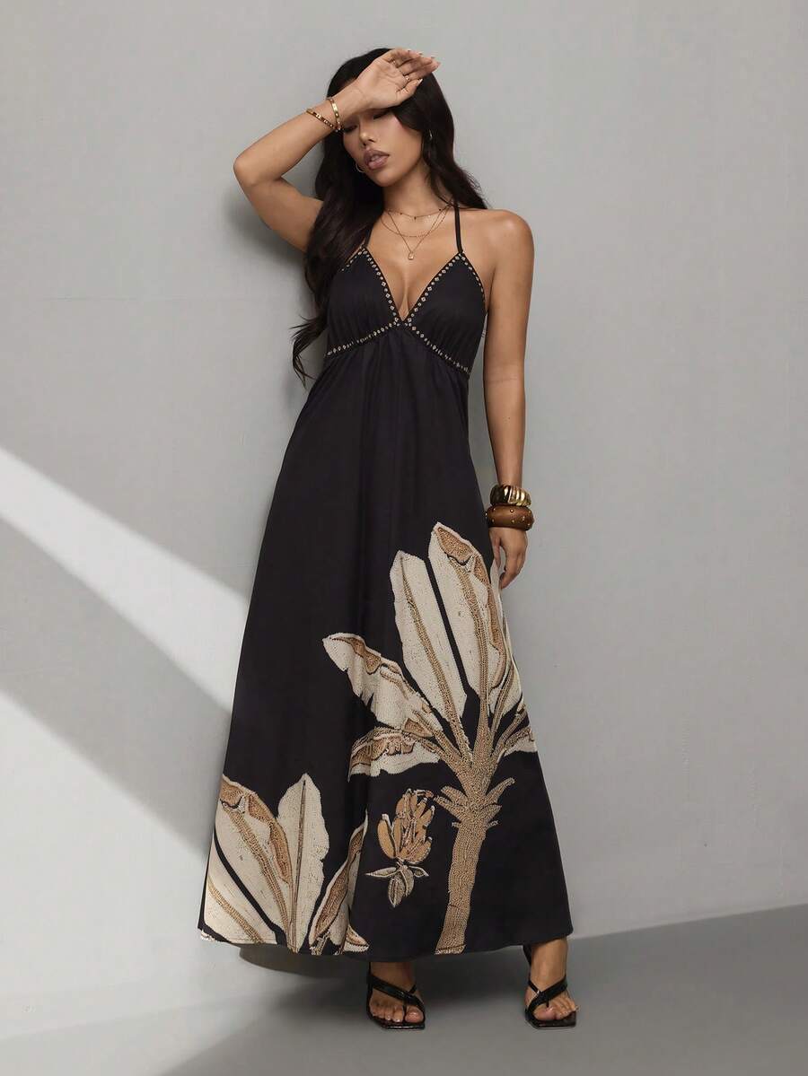 SHEIN PETITE 女士波西米亚风香蕉树印花露腰露背无袖黑色连衣裙，假日休闲夏季连衣裙