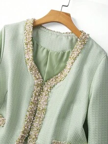 GlowEve CURVE Bộ 2 món dành cho nữ cỡ lớn, thanh lịch, màu đen phối ngọc trai, cổ chữ V tay dài và váy maxi cổ tròn đính ngọc trai, thích hợp cho mùa thu/đông, đi làm, dự tiệc. - Màu xanh Bạc hà - Xem 8