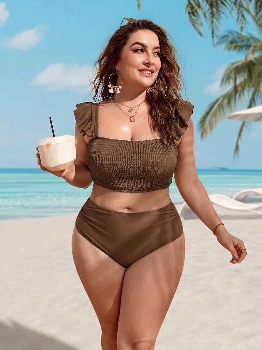 Swim Lushoire Plus Size Women Summer Beach Solid Color Ruffle Trim Fashionable Bikini Swimwear Set - Brown - View 1