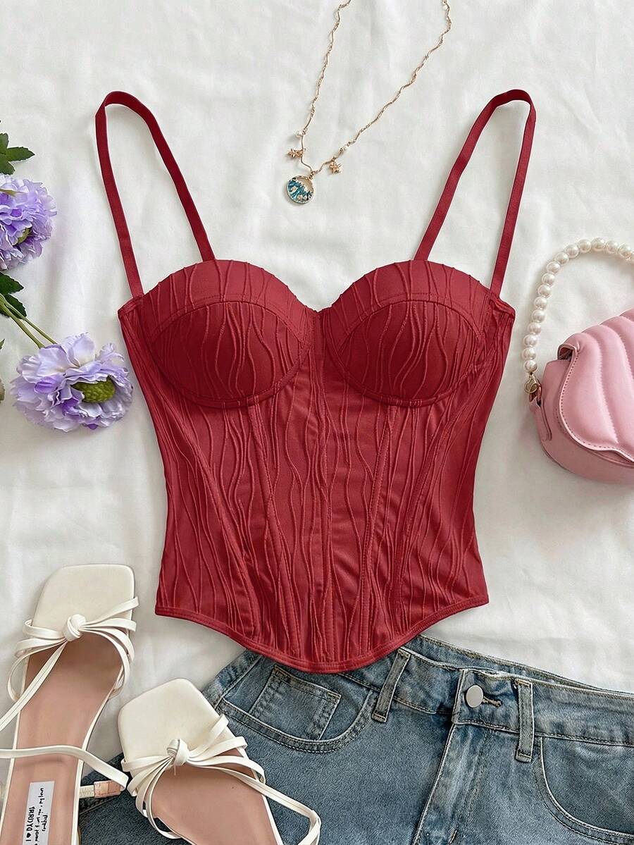 Soleia 女士度假风波浪针织纹理吊带背心，纽扣闭合，性感吊带上衣，适合海滩、约会、度假、婚礼、音乐节、波西米亚风度假等场合，可叠穿或单穿，四季皆宜 - 紅色 - 查看 1