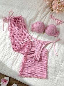 Swim Oasis Solid Color Shell Hard Cup Mesh Bikini Swimwear Set For Women - Pink - View 1