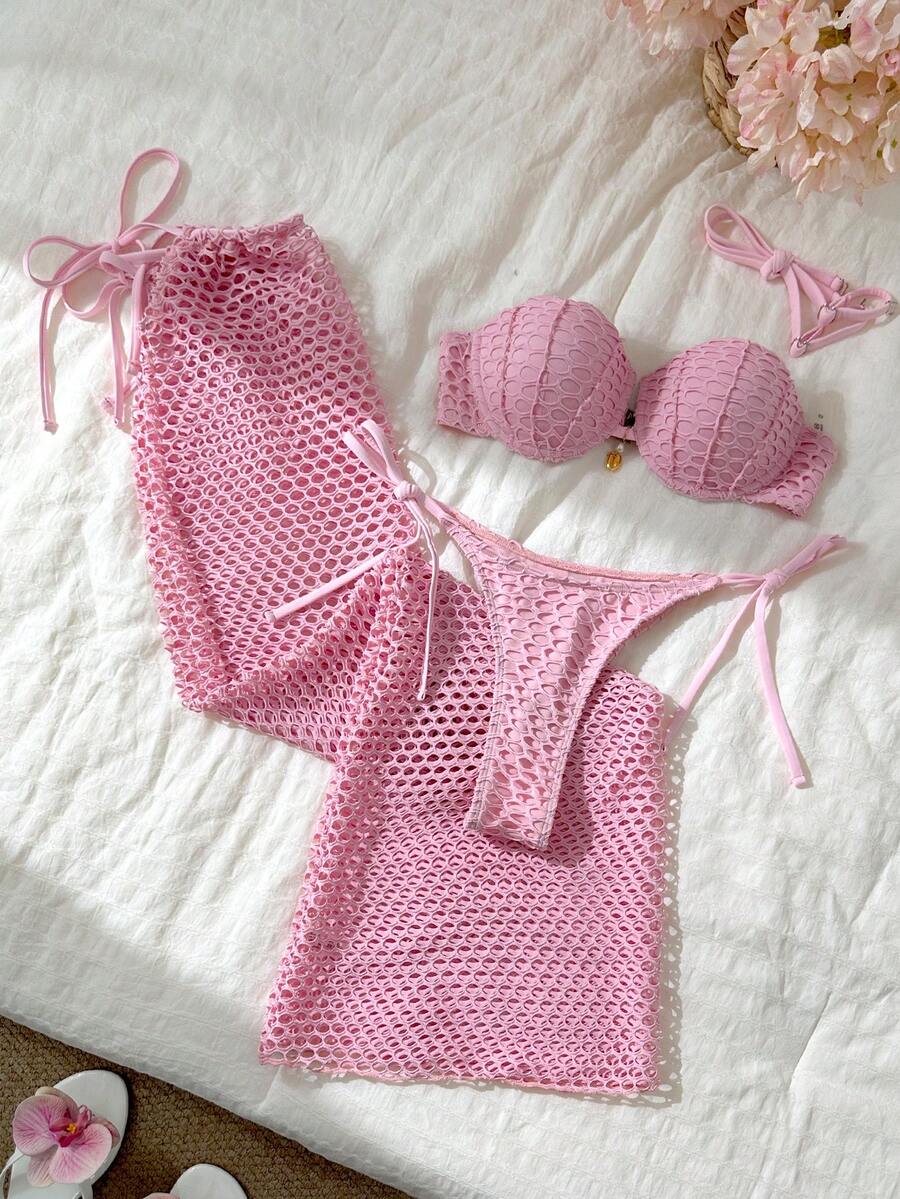 Swim Oasis Solid Color Shell Hard Cup Mesh Bikini Swimwear Set For Women - Pink - View 1