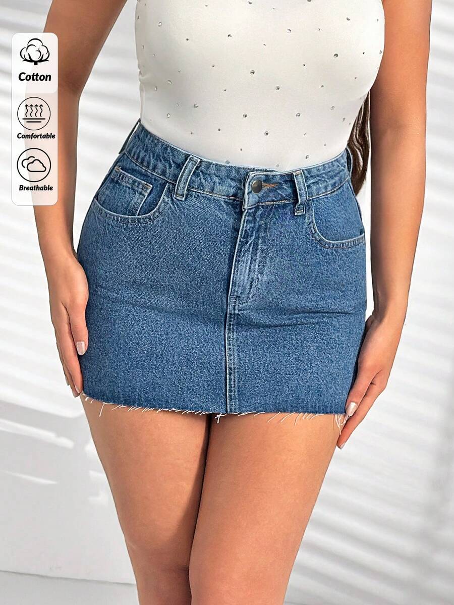 SHEIN 女士低腰迷你牛仔裙 休闲街头风 毛边 - 中等水洗藍 - 查看 1