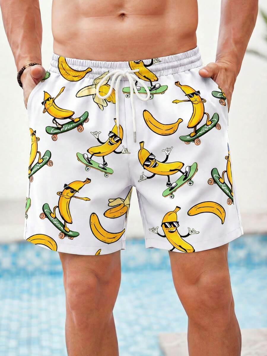 VIVINTIMO Men's Vacation Cartoon Banana Print Drawstring Waist Pocket Shorts - Multicolor - View 1