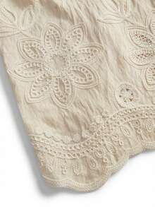 Freevana Bohemian Beige Floral Embroidered Hollow-Out Camisole Top, Hollow Floral Pattern Cropped Tank, Shell Tassel Chain Decor, Vacation Style Slimming Elegant Spaghetti Strap - Beige - View 9