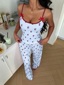 ZzzCrew 2pcs Contrast Trim Camisole & Shorts Pajama Set, Cherry Print Knit Sleepwear For Women - Multicolor - View 6