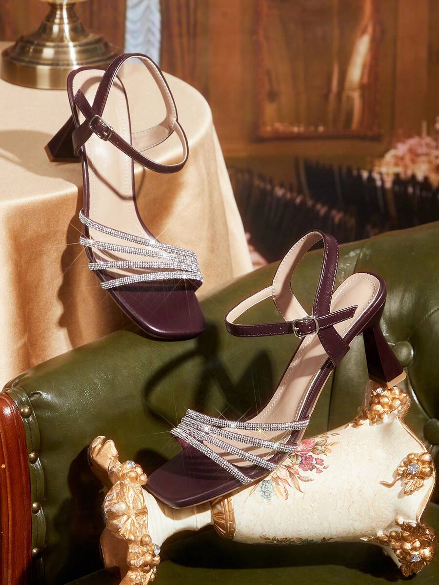 CUCCOO TILAWA Damen Mode Quadratische Zehenkappe Strass Dekor Elegante High Heel Sandalen, Burgunderrot Frühlingssschuhe, Frühlingspause, Ostern, Dinner Schuhe, Weihnachten, Valentinstag High Heels - Burgunderbraun - Übersicht 1