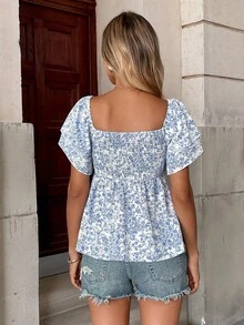 SHEIN PETITE Women's Floral Print Ruffle Hem Short Sleeve Vacation Chic Boho Blouse,Petite Women Vacation Blue And White Summer - Blue - View 2