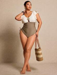 Elaquor Plus Size Colorblock Starfish Decor One-Piece Swimsuit, Vacation & Beach Summer - Multicolor - View 7