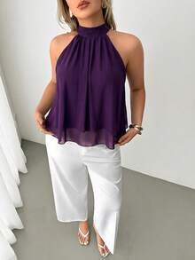 Auralis Plus Size Women Solid Color Pleated Halter Neck Camisole Tops For Chiffon Blouse Elegant Summer Latest Graduation Praia - Purple - View 4