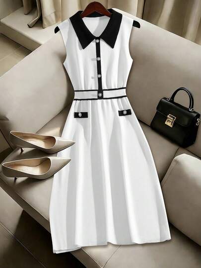 Franclia 女士修身无袖针织连衣裙，带领子、仿口袋、水钻纽扣撞色设计，休闲日常穿着