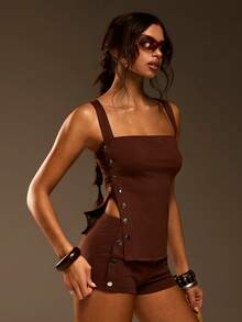 Athîral Women's Casual Sleeveless Knitted Vest And Shorts Set, Brown, Spring/Summer, Women's Casual Hanging Neck Button Top Elastic Shorts Two-Piece Set, Soft And Comfortable Knitted Elastic Fabric, Coffee Casual Two-Piece Set, Asymmetrical Casual Two-Piece Set, Home Wear, Date Party Wear, Holiday Wear - Mocha Brown - View 7