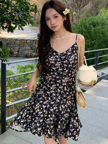 K-Vae V-Neck Ditsy Floral Slip Dress, Waist Cinched, Slimming, Summer,Summer Dresses For Women - Black - View 6