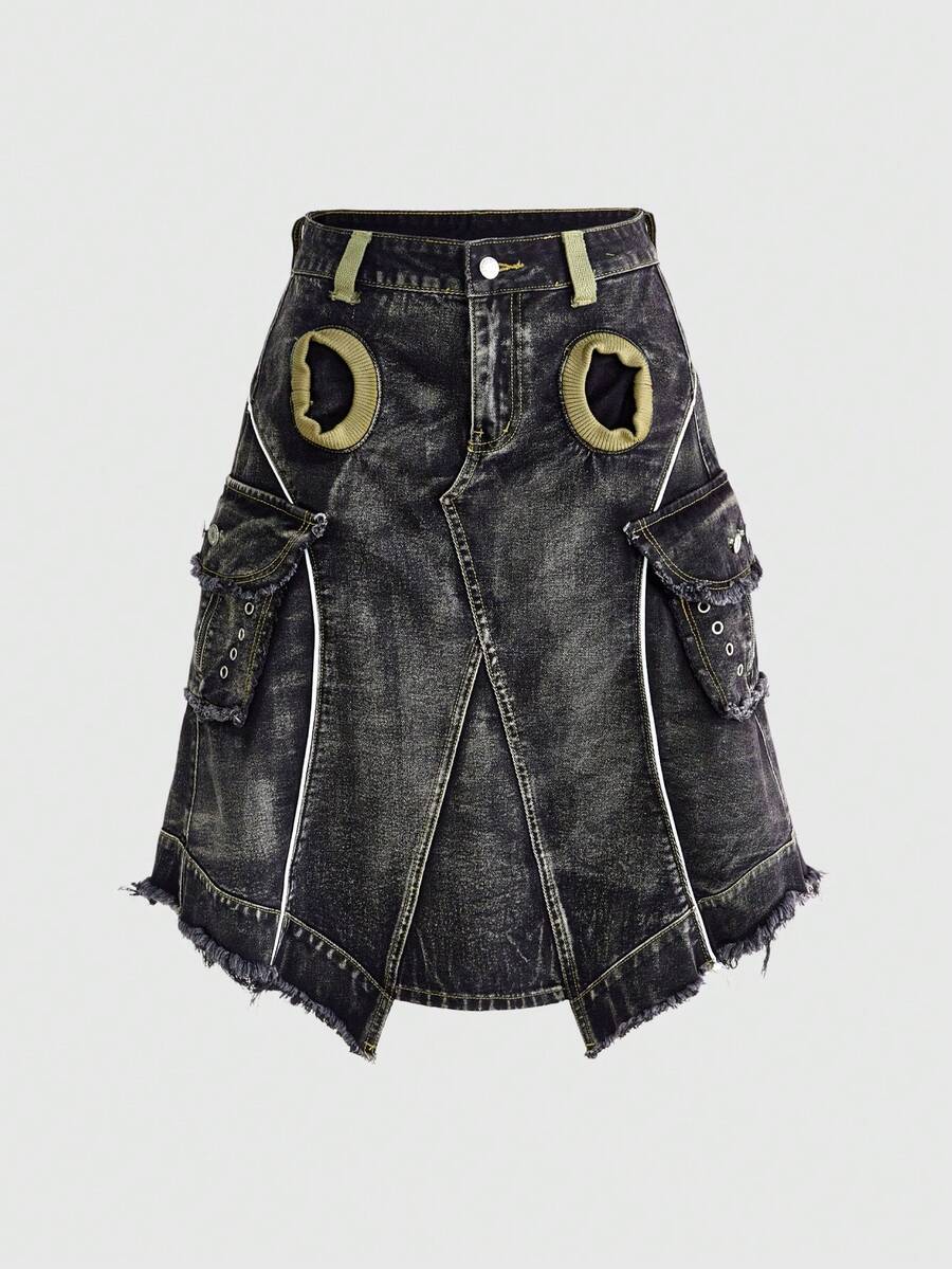 ROMWE Avant Women's Retro Vantage Y2K Vintage Style A-Line Denim Skirt With Pockets - Black - View 1