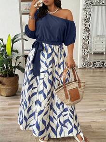 Weeklong Plus Size Women's Asymmetric Shoulder Tie-Waist Floral Print Dress - Multicolor - View 4