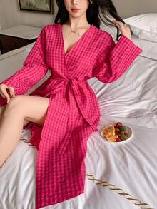 DAZY Plaid Lapel Loose Long Robe For Women, Summer - Pink - View 6