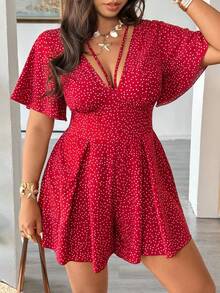 Vionelle Plus Size V-Neck Short Sleeve Flare Sleeve Belted Ruched Polka Dot Jumpsuit, Casual Summer Versatile Cute Dress For Women Vacation Outfits Women Dress Best Selling Dresses Womans Dresses - Red - View 5