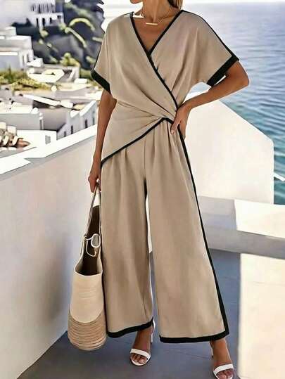 Louniche 女士V领撞色滚边收腰阔腿连体裤，海滩度假风，春夏款