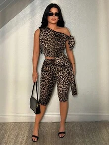 SHEIN SXY 休闲豹纹不对称系带上衣和修身七分裤套装 - 棕色 - 查看 5
