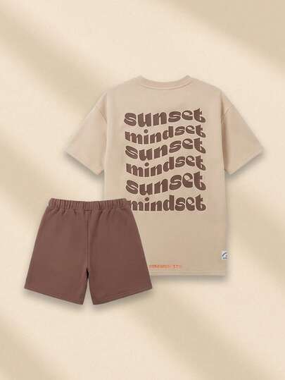 SUMWON Boys Two Piece Sunset Mindset Tshirt And Shorts Coordinating Set With Relaxed Fit Short Sleeves Summer Casual Wear