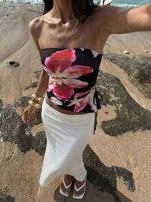 Swim Vcay Áo ống nữ in họa tiết lễ hội âm nhạc, có dây rút và vạt áo bất đối xứng, thích hợp cho mùa xuân và mùa hè. - màu đen - Xem 6