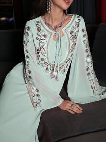 Layrah Elegant & Luxurious Heavily Embellished Pink Chiffon Flare Sleeve Dress, Spring/Summer - Mint Green - View 8