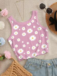 SHEIN Daisy Print Women's Slim-Fit Round Neck Tank Top - Multicolor - View 4