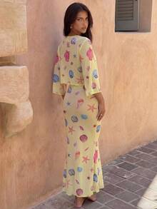 Swim Vcay 2pcs Beach Vacation Outfit, Shell & Starfish Digital Print Cover Up And Skirt Set, Spring/Summer - Multicolor - View 3