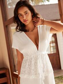 Bộ áo liền quần nữ cổ chữ V phong cách Bohemian - trắng - Xem 5