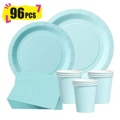 婴儿蓝一次性餐盘、餐巾纸和杯子，派对用品套装，可供 24 人使用，一次性纸质派对餐具，适合生日、婚礼、主题派对、家庭野餐。