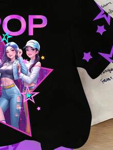 一套少女短袖上衣和短裤，撞色卡通女孩和五角星K-POP图案，舒适针织套装，适合日常休闲穿着，紫色T恤套装 - 彩色 - 查看 5