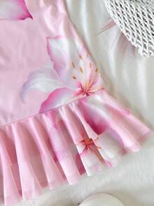 SHEIN Tween Girl Colorful Tropical Floral Print Draped Neck Halter Backless Ruffle Hem Mini Dress With Bow Tie, Built-In Shorts, Suitable For Holiday, Vacation, Easter, Western Wear, Concert, Rave, Festival, Birthday - Pink - View 3