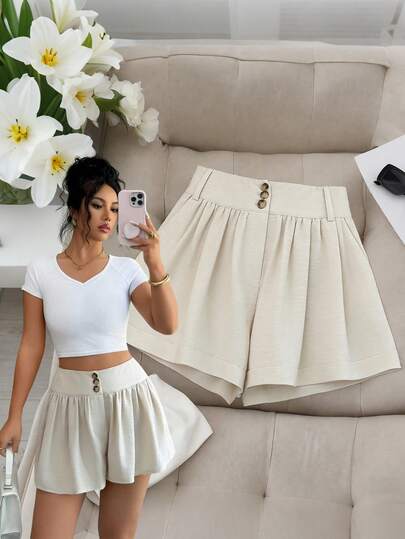 SHEIN Elenzya Quần short ống rộng cạp cao màu kaki phối chân váy xếp ly chữ A, đa năng, thích hợp đi làm, hẹn hò, mặc thường ngày, giúp thon gọn vóc dáng.