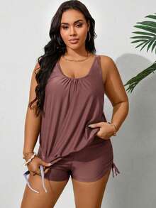 Swim Lushoire Plus Size Women's Solid Color Pleated Tankini Bikini Set Set, Beach & Resort Style - Dusty Pink - View 7