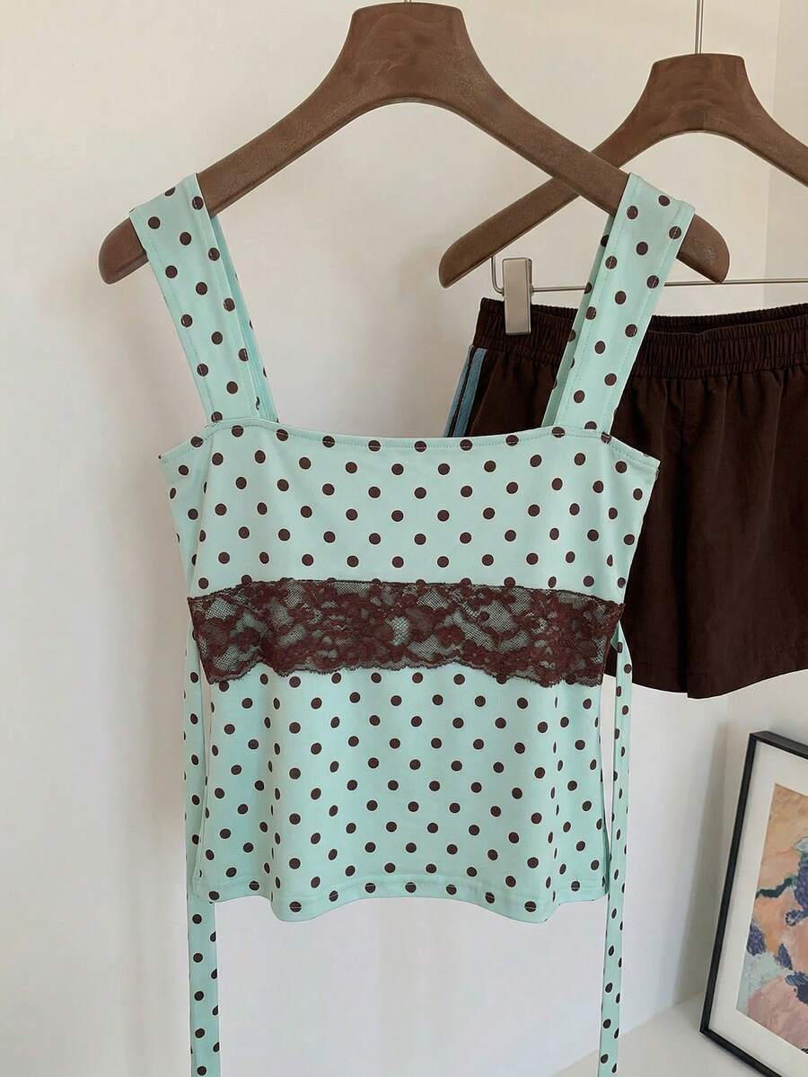 Comfortcana Women's Cute Polka Dot Brown Contrast Color Lace Sleeveless Top,Summer Fashion Green Polka Dot Blouse For Date,Beach,Holiday Casual Party Occasions - Green - View 1