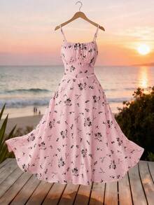 Elenzga Đầm midi hai dây họa tiết hoa nhí cỡ lớn dành cho nữ, kiểu Pháp, thắt eo, ôm dáng, tay phồng, thanh lịch, dài đến bắp chân. - Hồng - Xem 9