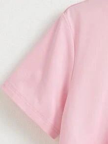 Camiseta para niña preadolescente en color melocotón suave, con gráfico vibrante de puesta de sol/paisaje marino en la espalda, cómoda y adecuada para el verano - Rosa - Ver 3