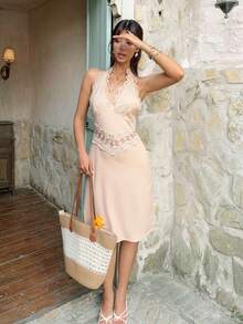 Serisse Đầm dự tiệc midi thanh lịch dành cho nữ, cổ buộc dây, hở lưng, thắt eo. - Màu Khaki - Xem 11