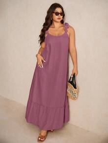 Elaquor 大码休闲碎花蕾丝吊带宽松A字连衣裙 - 酒紅色 - 查看 7